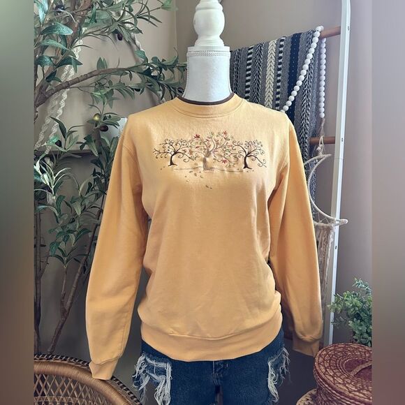 Vintage Fall Trees Leaves Embroidered Embellished Double Crew Granny Sweatshirt - Picture 1 of 6